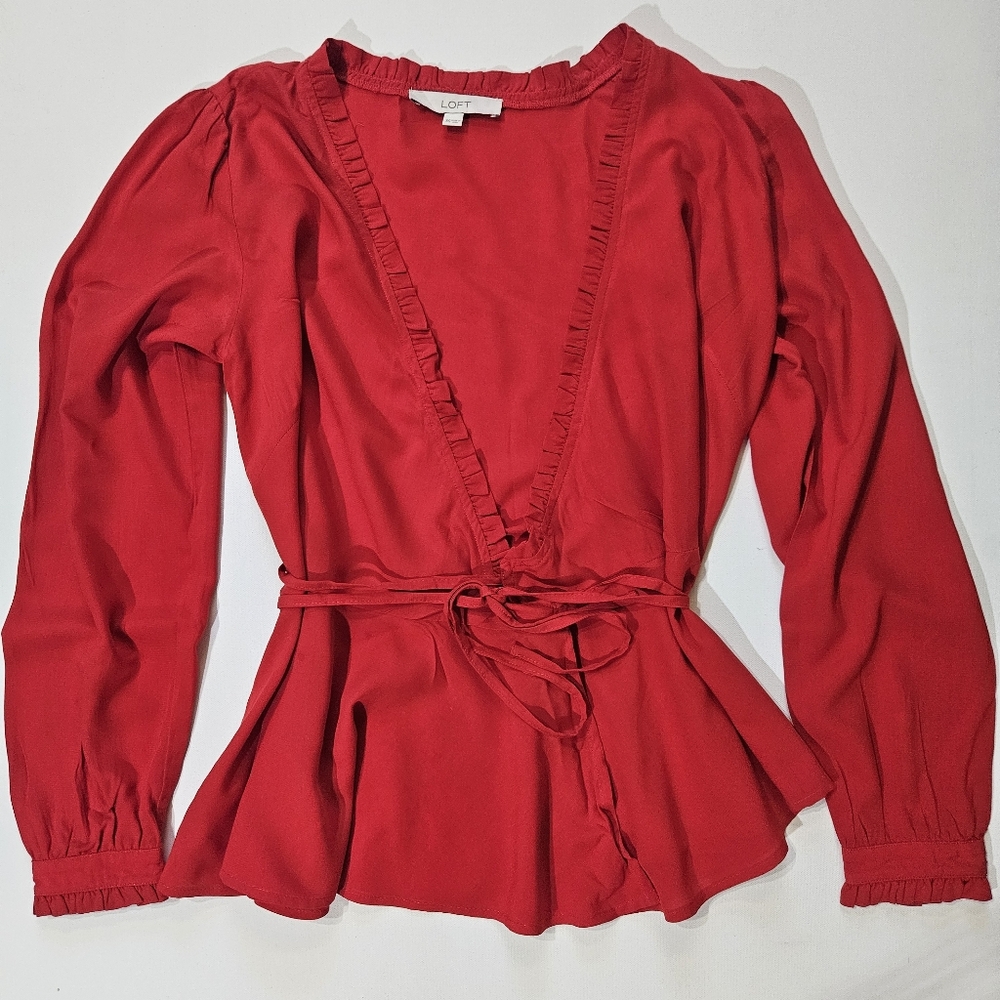 Loft Cardigan Womens Size XS Red Rayon Classic Cinch Waist Holiday‎ Party Ready